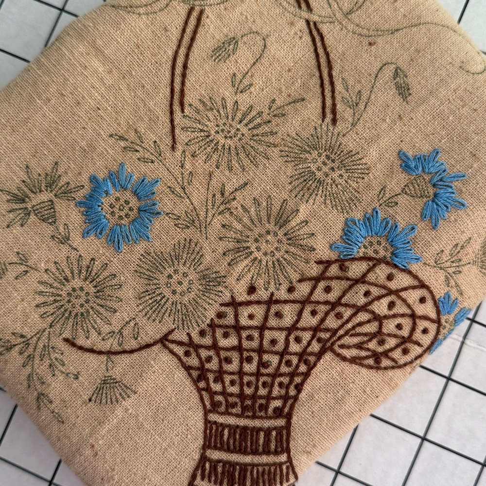 Antique Stamped Embroidery Tablecloth Project – Floral Basket Design, 1920s–40s,